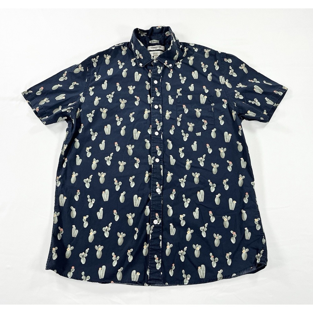 Goodthreads Men's L Standard Fit Short Sleeve Cactus Printed Poplin Shirt Navy